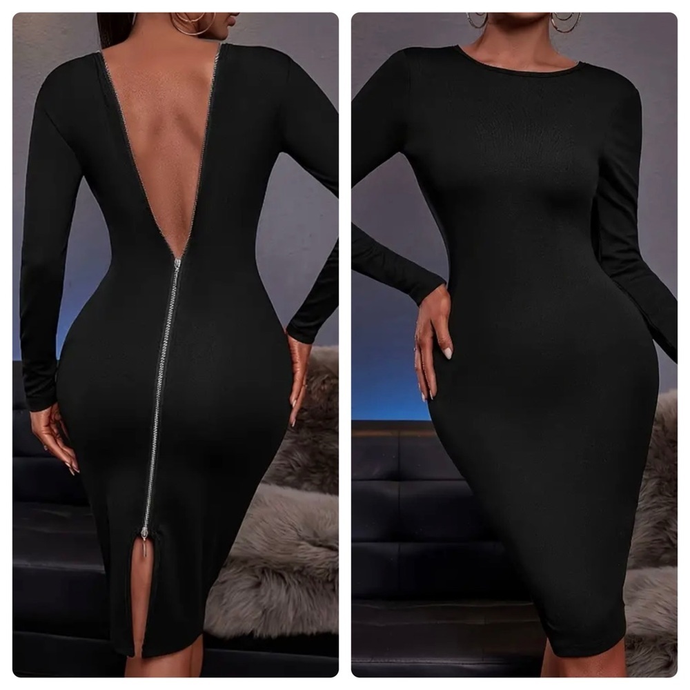 Black Long Sleeve Bodycon Back Zipper Midi Dress